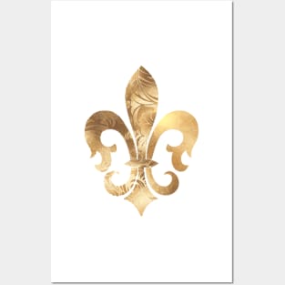 Fleur de Lis, Faux Gold Damask Inlaid Posters and Art